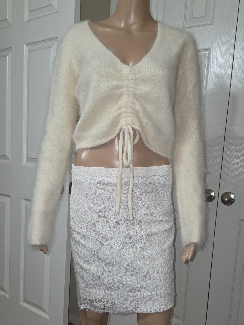Kerisma Cream Angora Blend Fuzzy Drawstring V-Neck Crop Sweater Streatchy Watmth